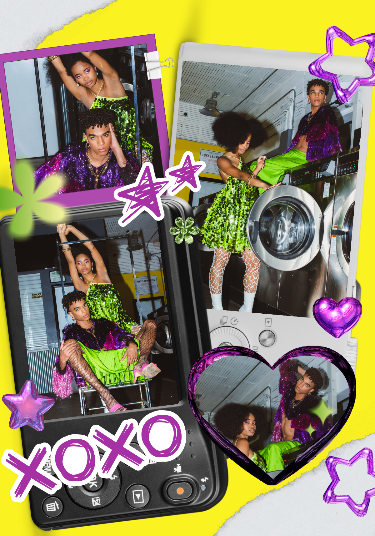 A collage of photos features two young women with curly hair in colorful, shiny outfits. They are in a laundromat, with one of them sitting in a shopping cart and the other operating a washing machine. The collage is decorated with cartoon stars, hearts, and the text "XOXO" in purple and white.
