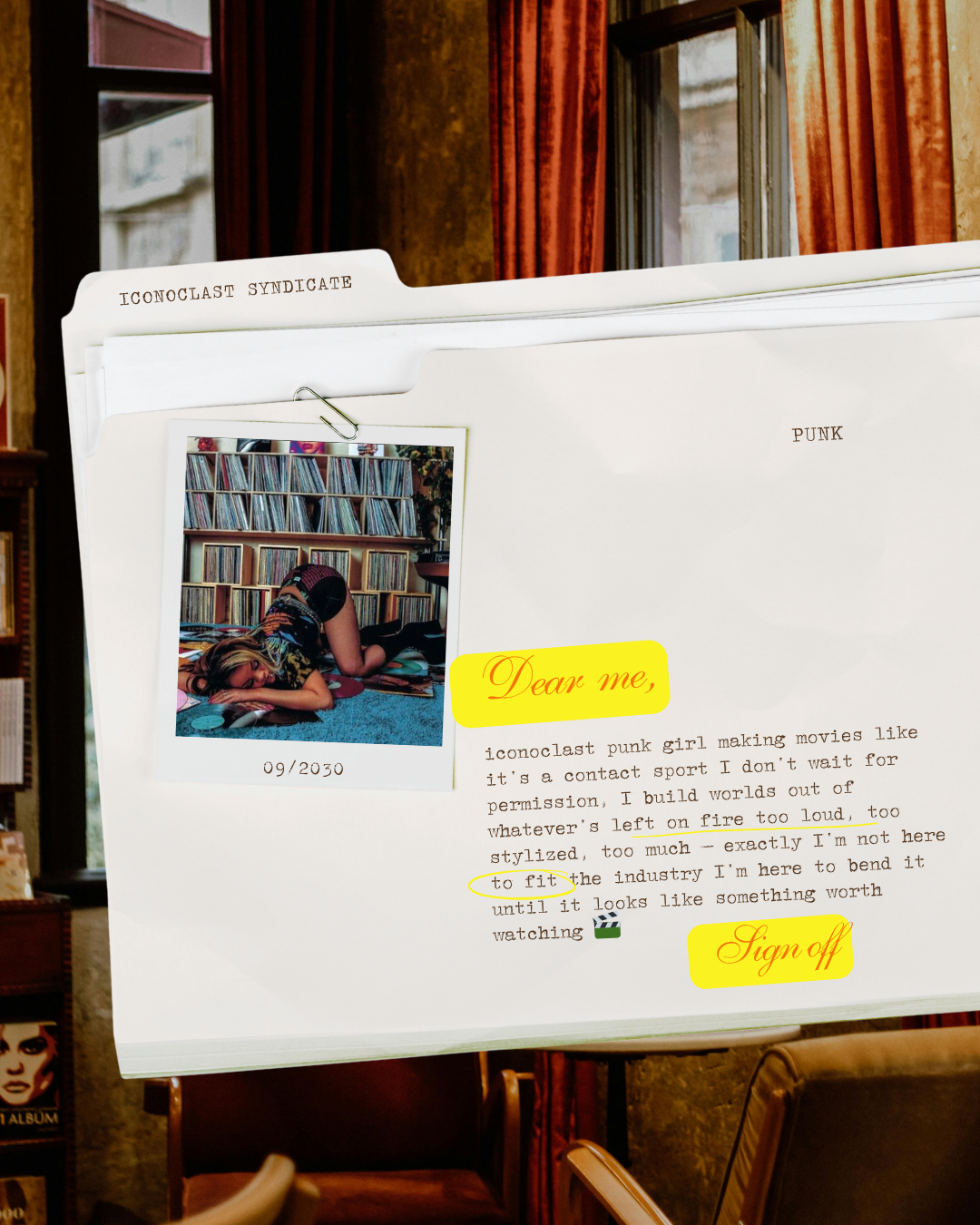 A handwritten note on a folder, with a polaroid picture of a woman with colorful hair on a bookshelf, and highlighted text including 'Dear me,' and 'Sign off'.