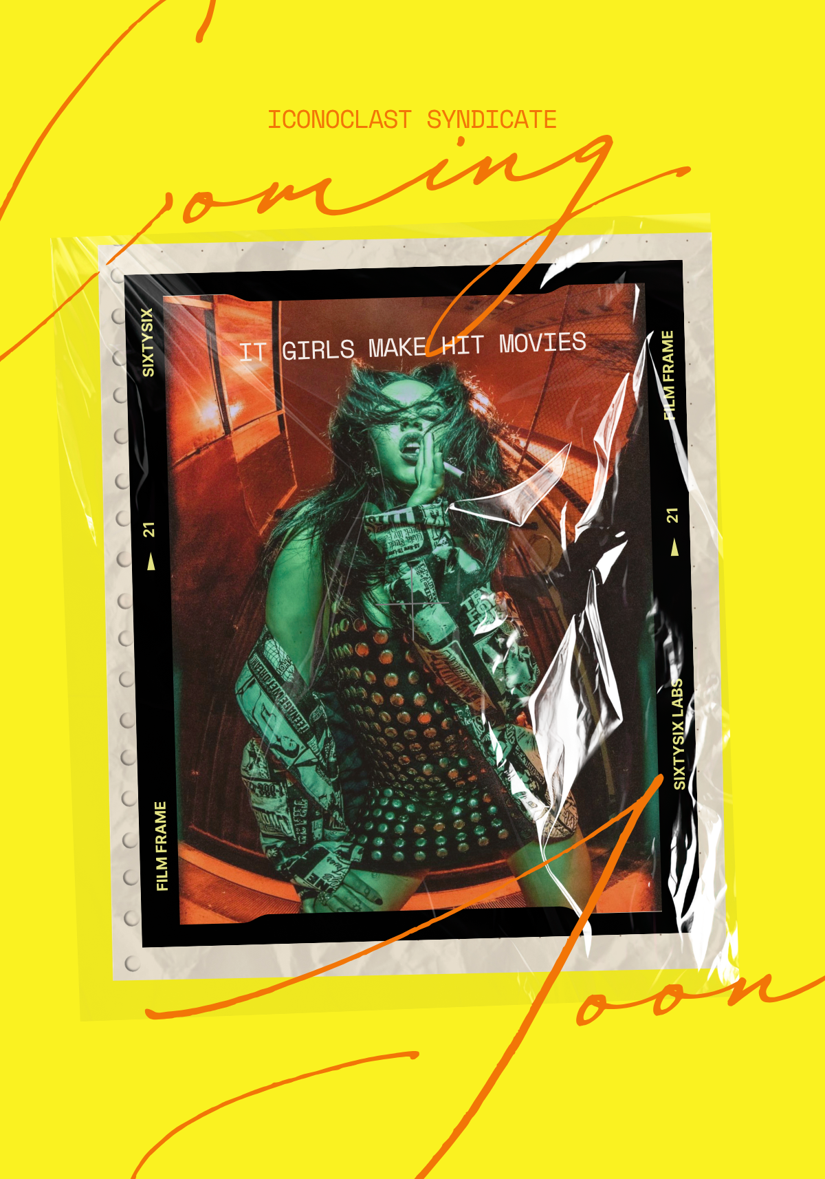 A graphic design poster featuring a woman with wild hair in a grid-like outfit, holding a finger to her lips in a playful pose, surrounded by text and graphic elements on a yellow background.