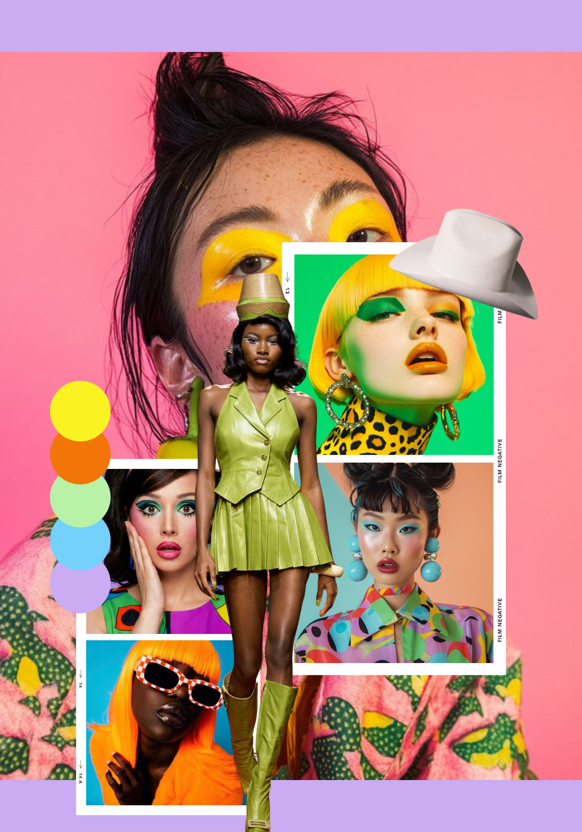 Collage of five diverse women with bold, colorful fashion and makeup, set against vibrant backgrounds, with a large woman's face in the background and a pastel purple border.