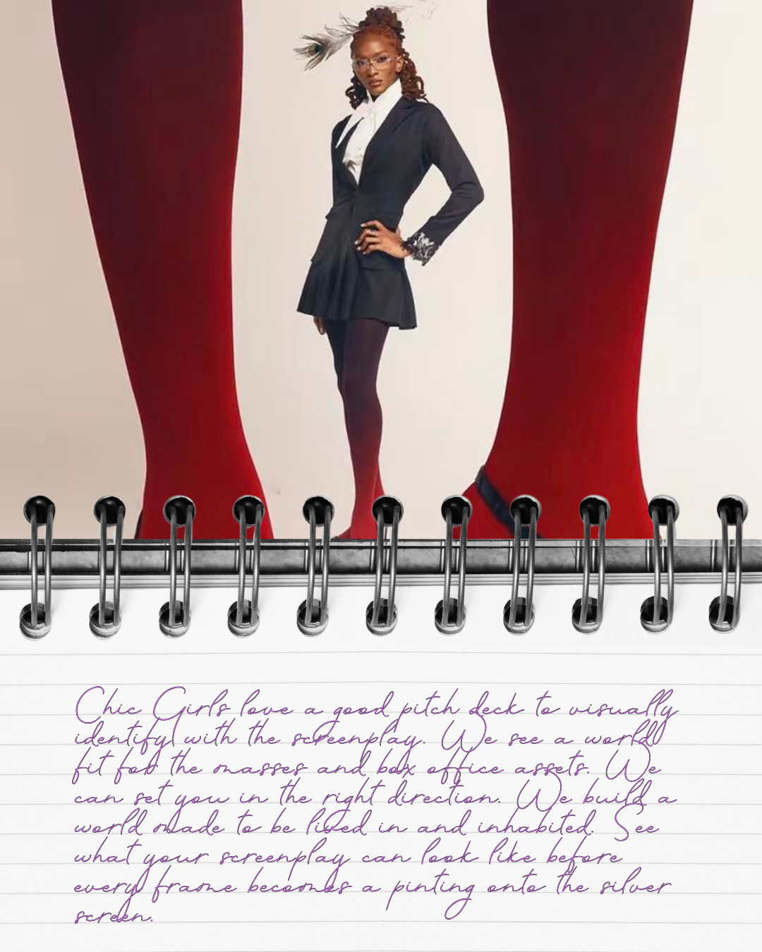 A woman standing in front of a backdrop featuring large red legs, wearing a black blazer, black skirt, black tights, and glasses, with handwritten notes below.