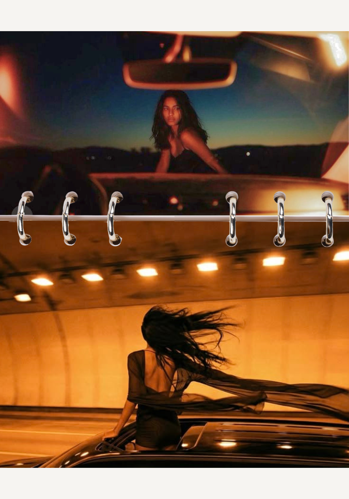 Two women with dark hair and black outfits in a car, one standing through the window with wind-blown hair, at sunset or dusk.