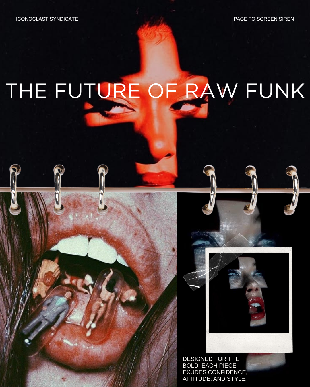 A collage featuring a close-up of a woman with her mouth open, showing her tongue and teeth with tiny figurines on her tongue, and a graphic of a woman’s face with bold makeup on a screen. Text overlays include "The Future of Raw Funk," "Iconoclast S