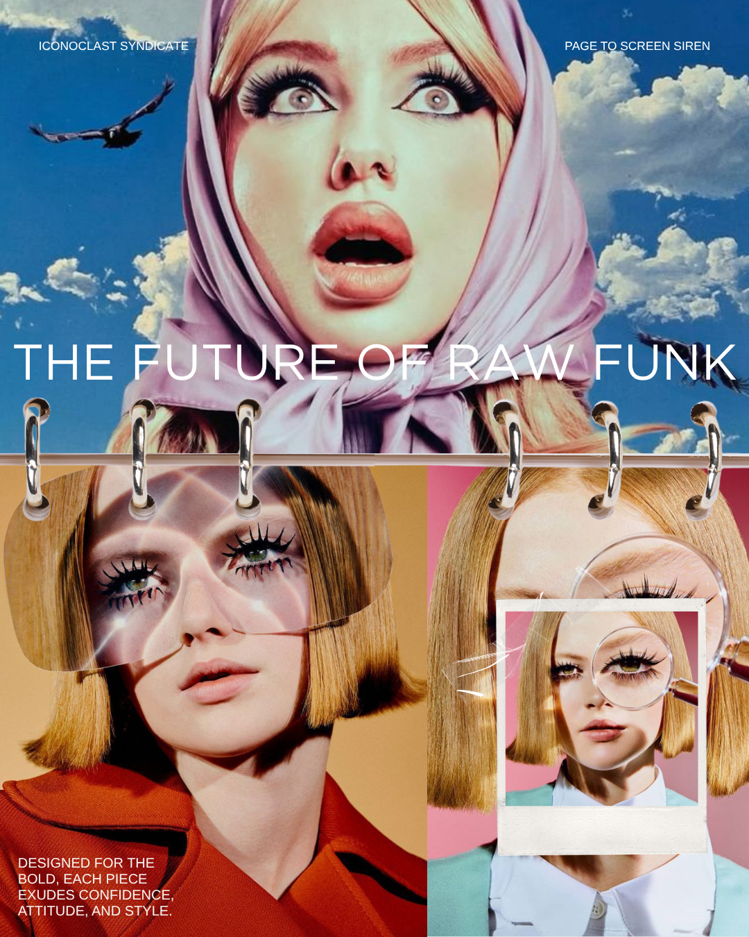 A collage of vintage-style promotional posters featuring stylized portraits of women with bold makeup, with the main poster showing a surprised woman with a pink scarf, clouds, and sky background. The titles include "The Future of Raw Funk" and "Icon