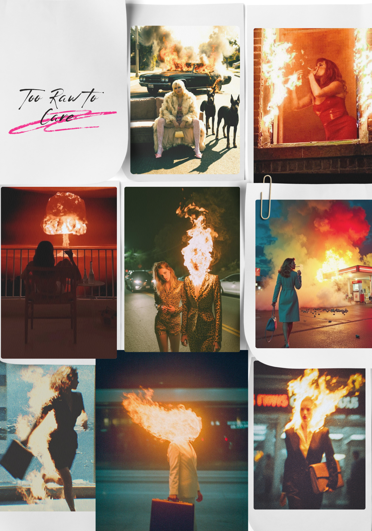 Collage of women with flaming hair and scenes of chaos, including a person sitting with a flaming cloud overhead, walking with flames on their head, and a woman walking past explosions and fires at night.