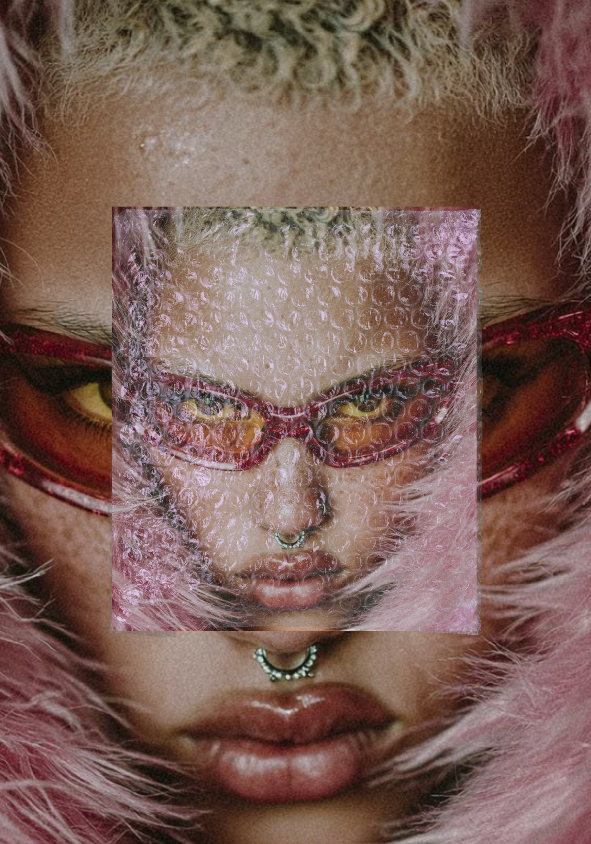 A person with pink hair, red glasses, and multiple facial piercings, including a septum and lip rings, adding to an artistic and edgy appearance, with a digital or collage overlay effect.