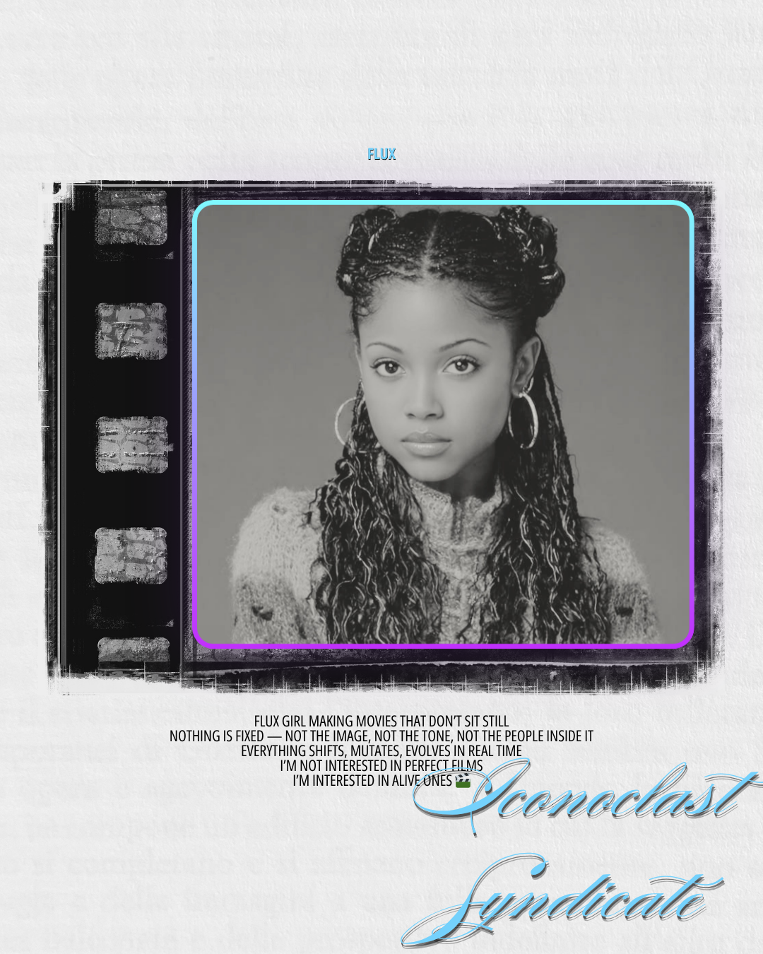 Black and white portrait of a young woman with braided hair, wearing hoop earrings, looking directly at the camera, with the word 'Podcast Syndicate' in stylized text below her image.