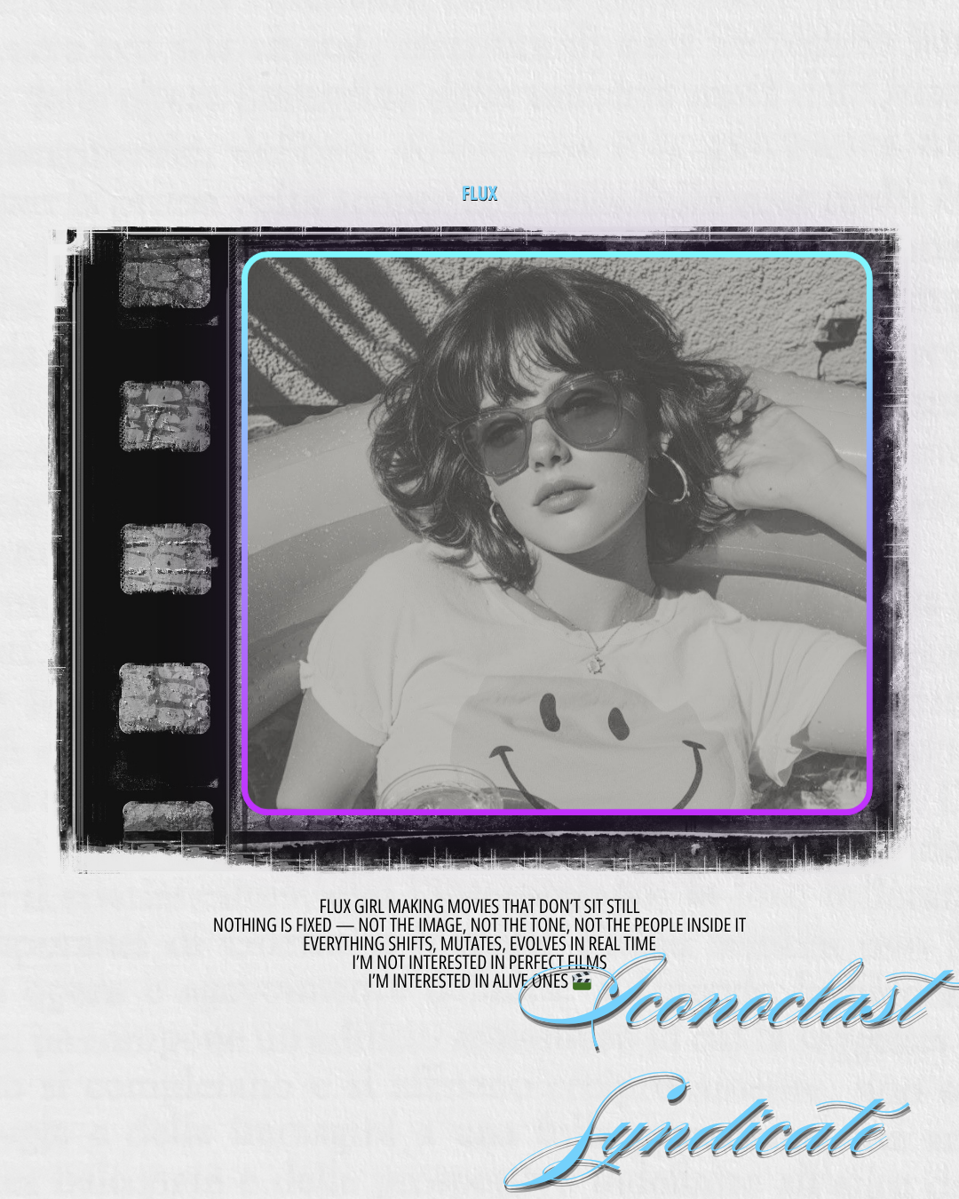 Black and white photo of a woman with sunglasses lying on her back, wearing a t-shirt with a smiley face, with a border resembling a film strip, and text about the internal and external changes in filmmaking.