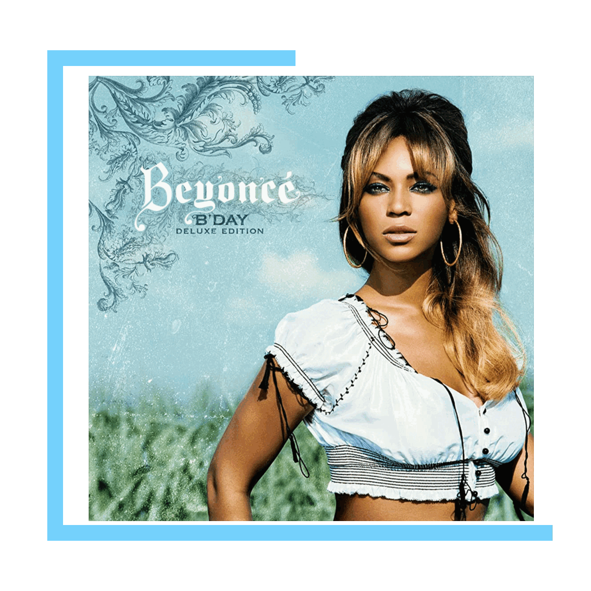 Album cover featuring Beyonce for her B'Day Deluxe Edition. A woman with long, wavy hair, gold hoop earrings, and a white, ruffled top stands outdoors with a field in the background and an artistic sky overlay.