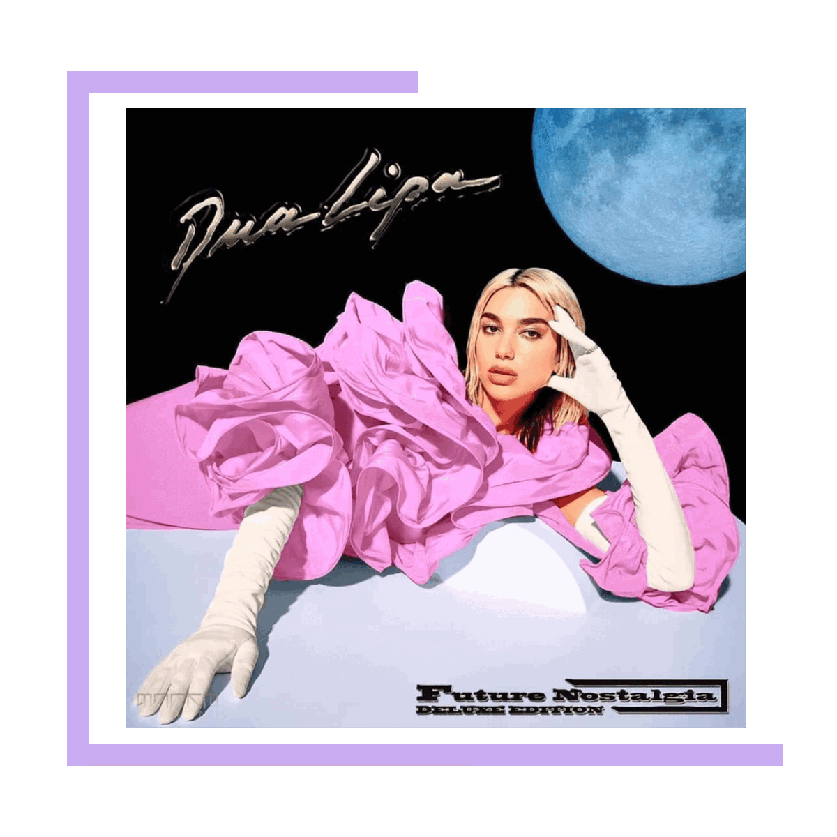 The album cover for Dua Lipa's 'Future Nostalgia: Deluxe Edition' featuring Dua Lipa lying on a white surface, wearing a pink ruffled dress and white gloves, with a large blue moon in the background and her name in silver script at the top.