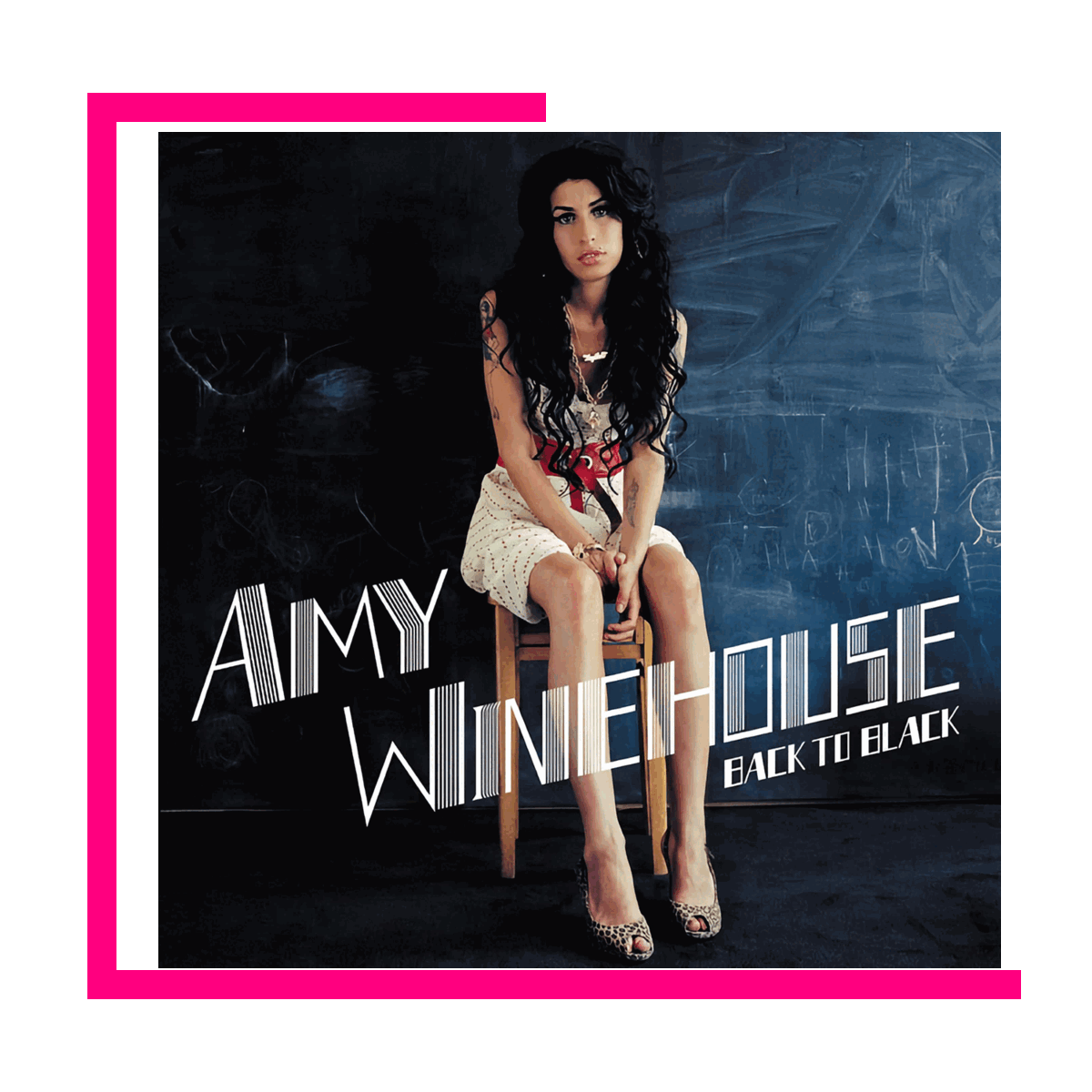 Album cover for Amy Winehouse's "Back to Black" featuring Amy Winehouse sitting on a chair against a dark background with chalkboard markings. She has long dark curly hair, wears patterned high heels, a tank top, and a skirt.