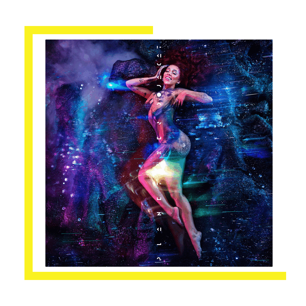 A woman with red hair lying on water surrounded by colorful optical effects and clouds, with the word "CLOSET" written vertically in the center