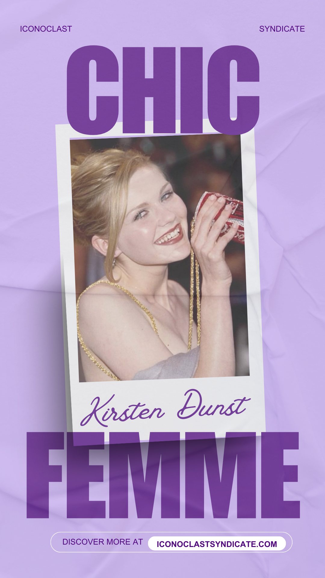 Event poster featuring a woman holding a clutch purse, with text "Chic Femme" and "Kirsten Dunst", purple background, and website URL at the bottom.