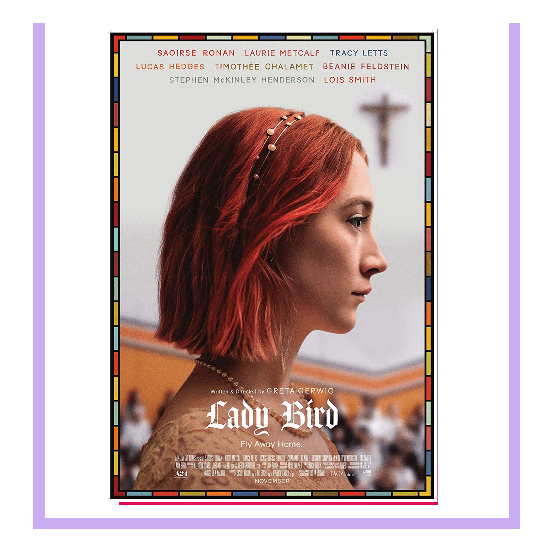 Movie poster for 'Lady Bird' featuring a profile of a young woman with red hair and a pearl necklace, with a blurred background of a church.