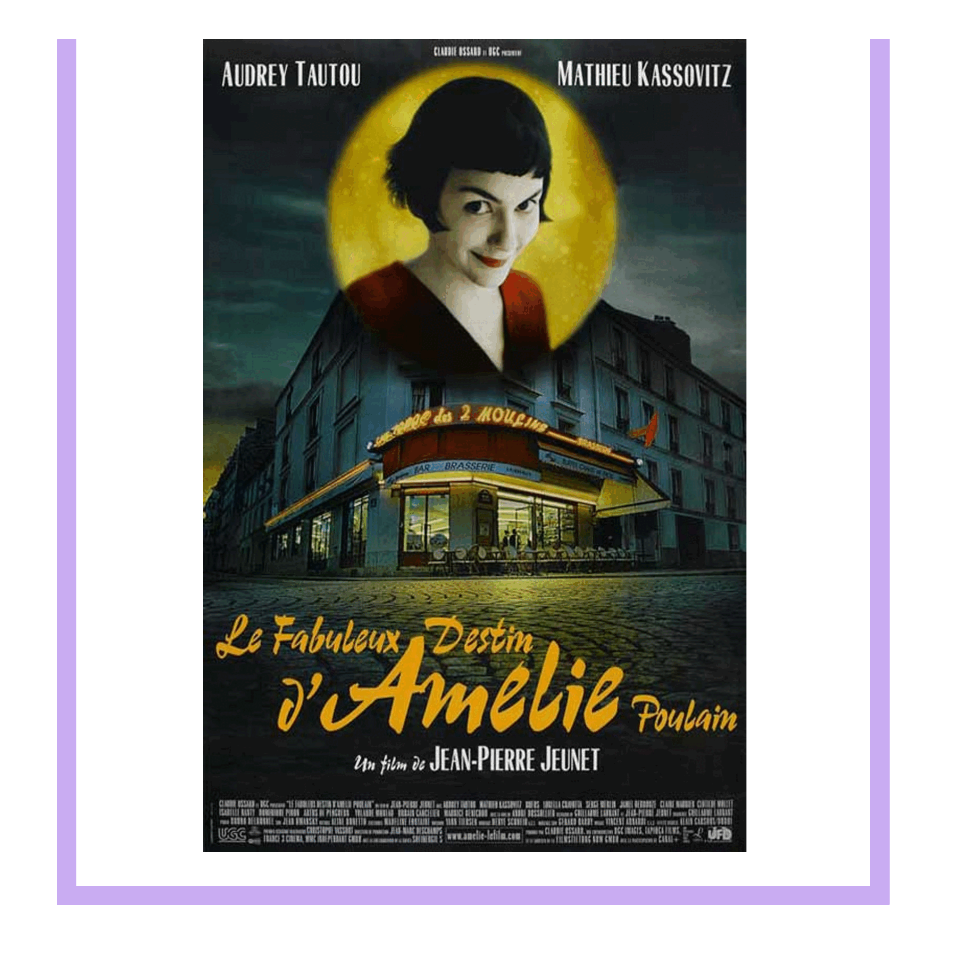 Poster for the film 'Le Fabuleux Destin d'Amélie Poulain' featuring a woman with short dark hair, smiling, inside a yellow circle at the top. The background shows a building with a café, and the title is written in yellow cursive with additional cred