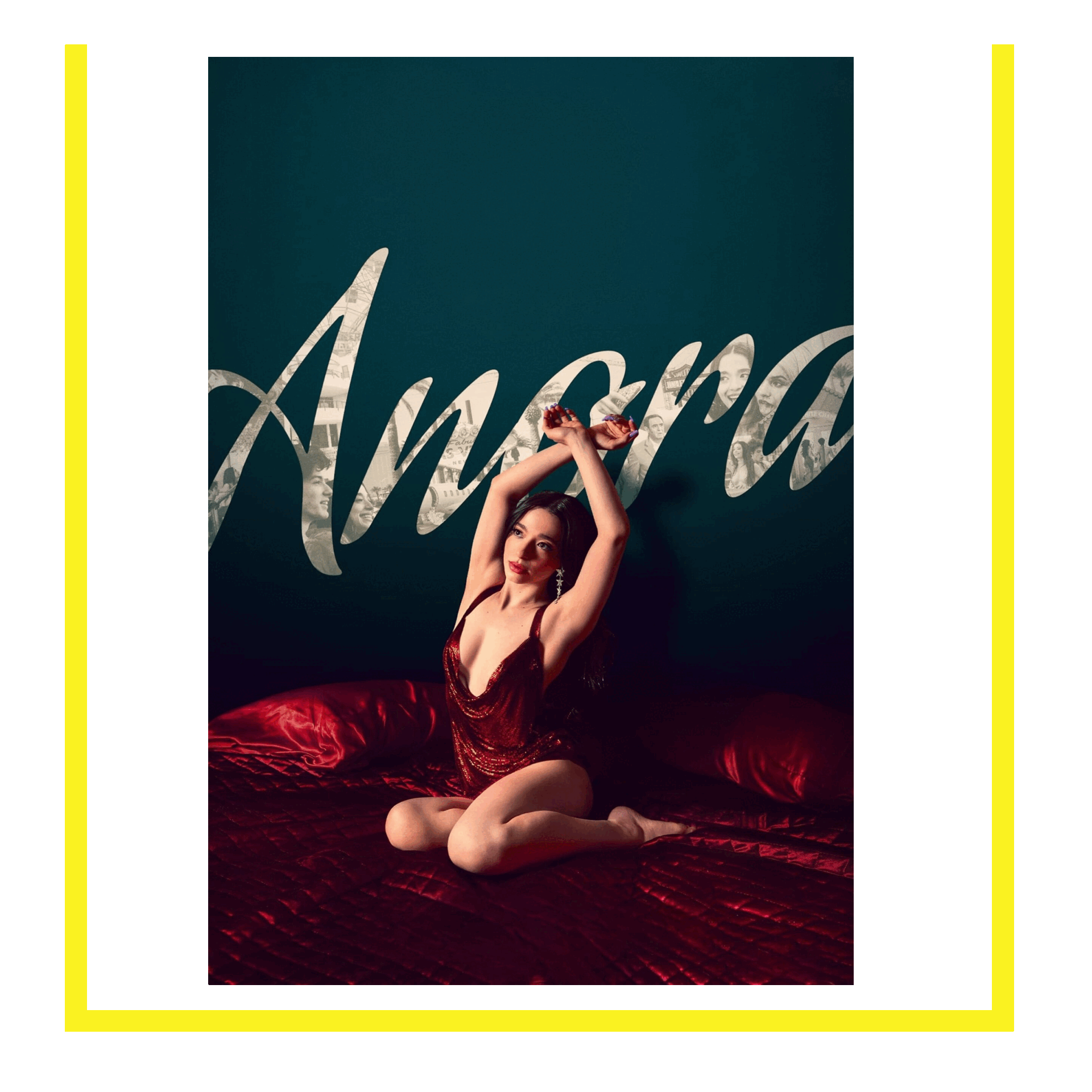 Woman in a red dress sitting on a bed with a dark background that has the word 'Amazing' in large script, with a collage of faces within the lettering.