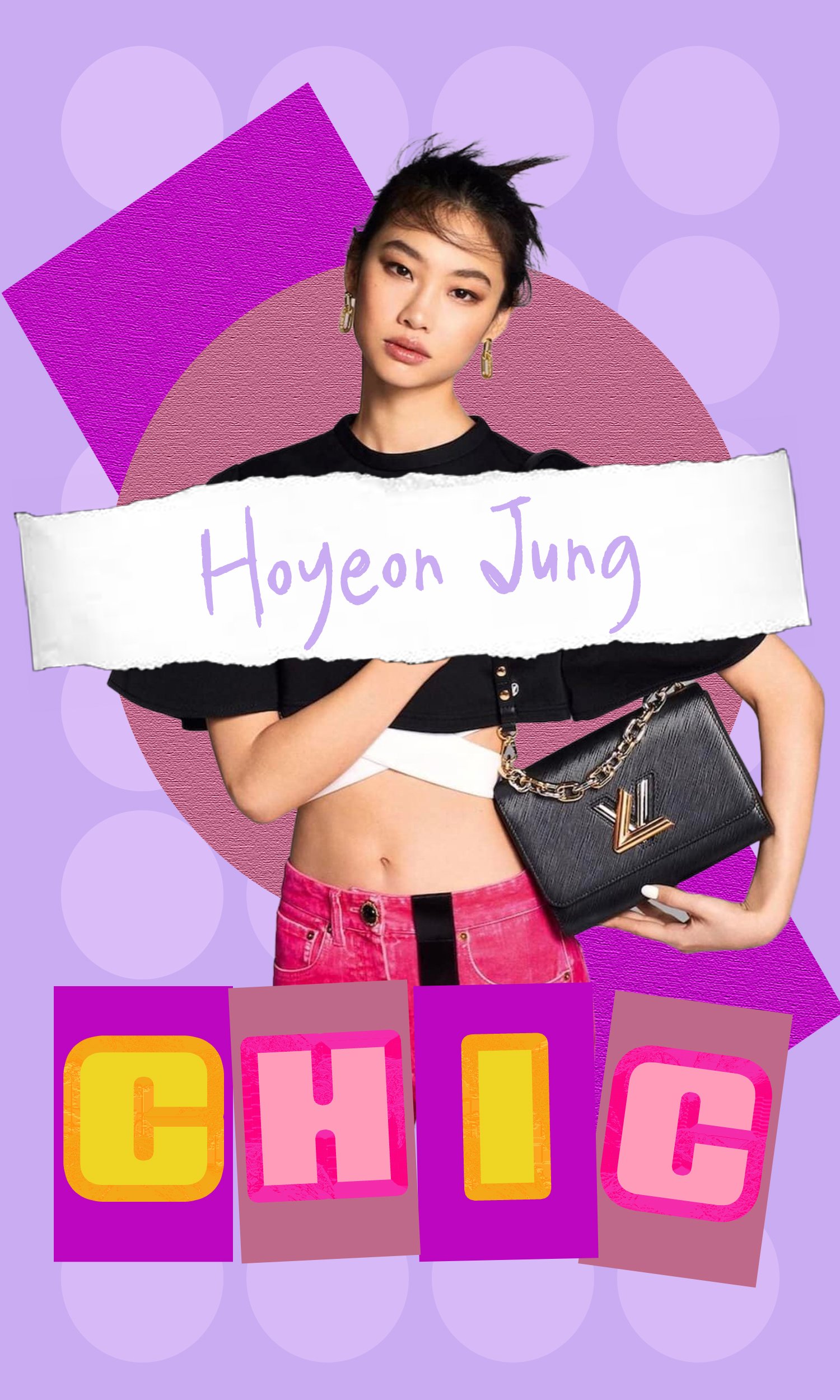A woman with short dark hair poses with a Louis Vuitton purse, wearing a black top, white bandeau, and pink pants, set against a purple background with geometric shapes, and text reading "Hoyeon Jung" and "CHIC."