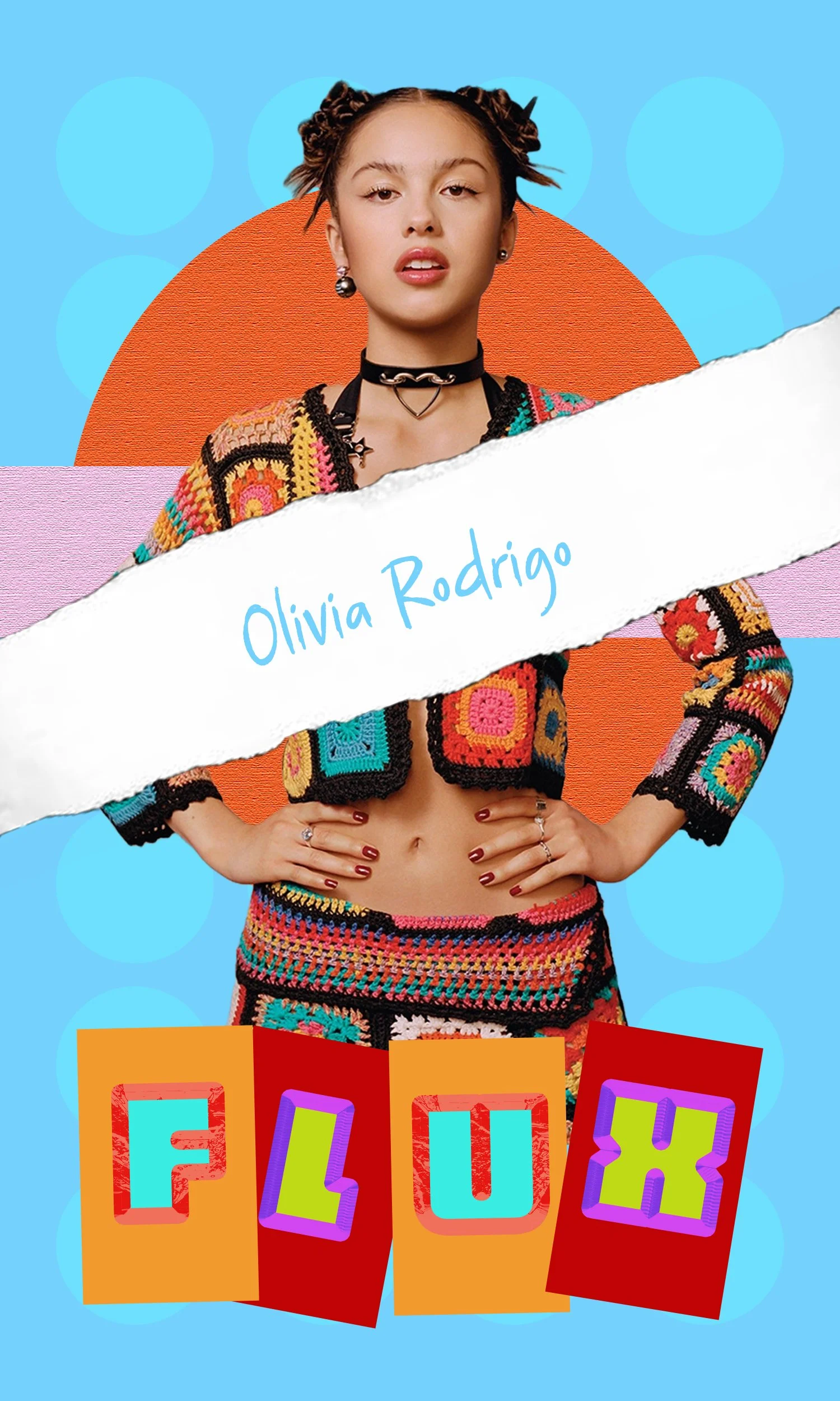 Young woman with colorful crochet outfit posing confidently against a vibrant, abstract background with large polka dots and textured shapes, with her hands on her hips and wearing bold accessories, including a choker and earrings. Her name, Olivia R