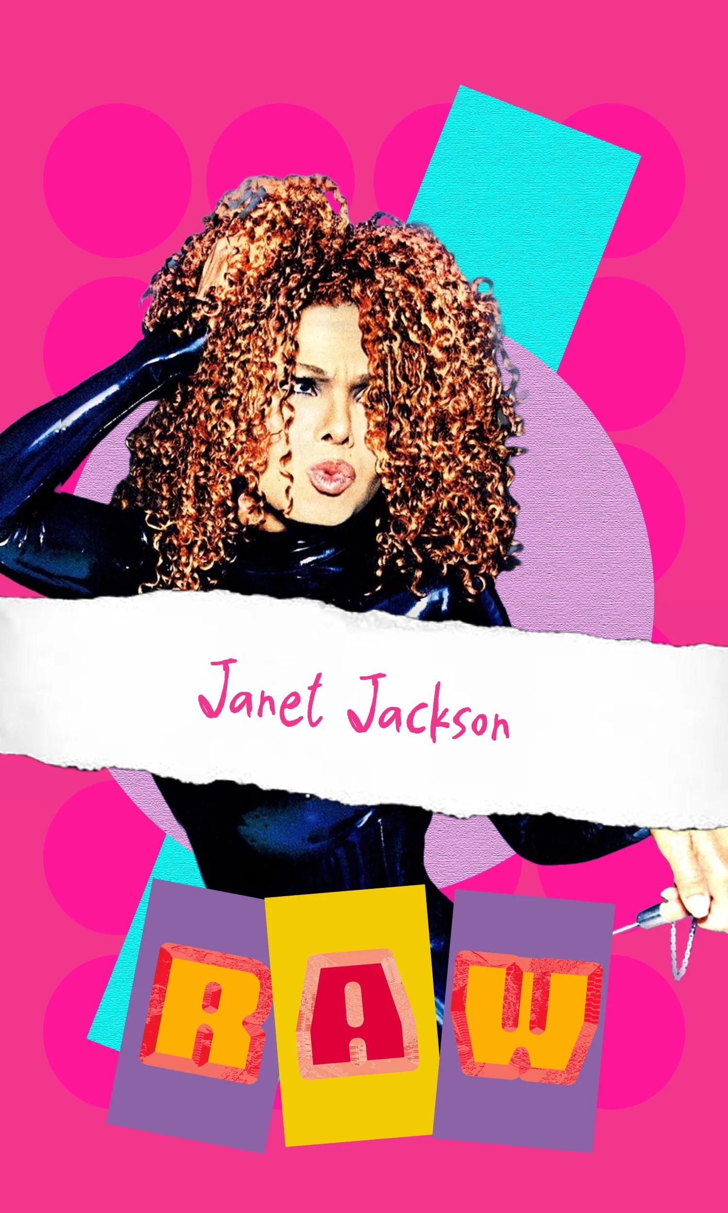 A colorful, stylized poster of Janet Jackson with curly red hair, wearing a black glossy outfit, against a pink background with various geometric shapes and the text 'Janet Jackson' and 'RAW'.