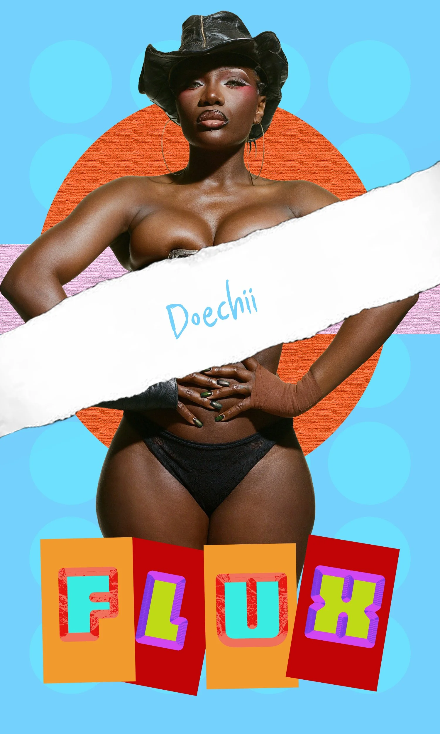 A woman wearing a black hat, black underwear, and fingerless gloves, with her hands on her hips. She has dark skin and is posed against a colorful, graphic backdrop with abstract shapes and blocks spelling 'FLUX' at the bottom.