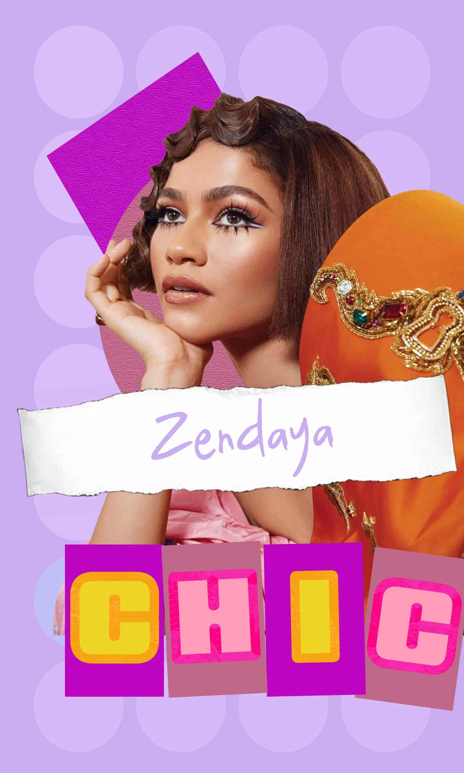 A woman with styled hair and makeup, wearing a pink top and orange outfit with gold embellishments, rests her chin on her hand. The background features purple shapes and a light purple polka dot pattern. The text "Zendaya" is handwritten on a torn pa