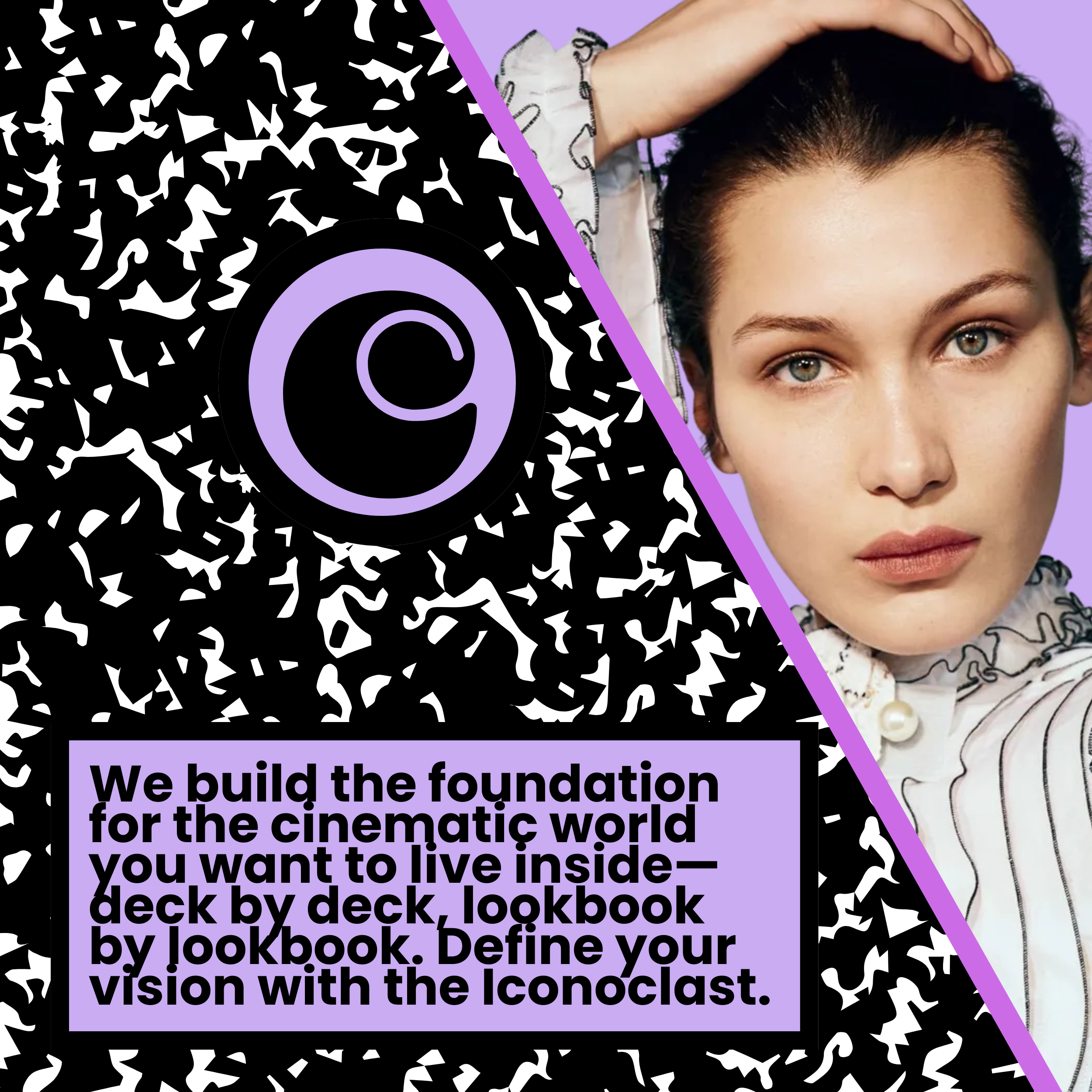 A woman with fair skin and blue eyes, wearing a light-colored striped blouse, holds her dark hair back with her hand against a purple background.