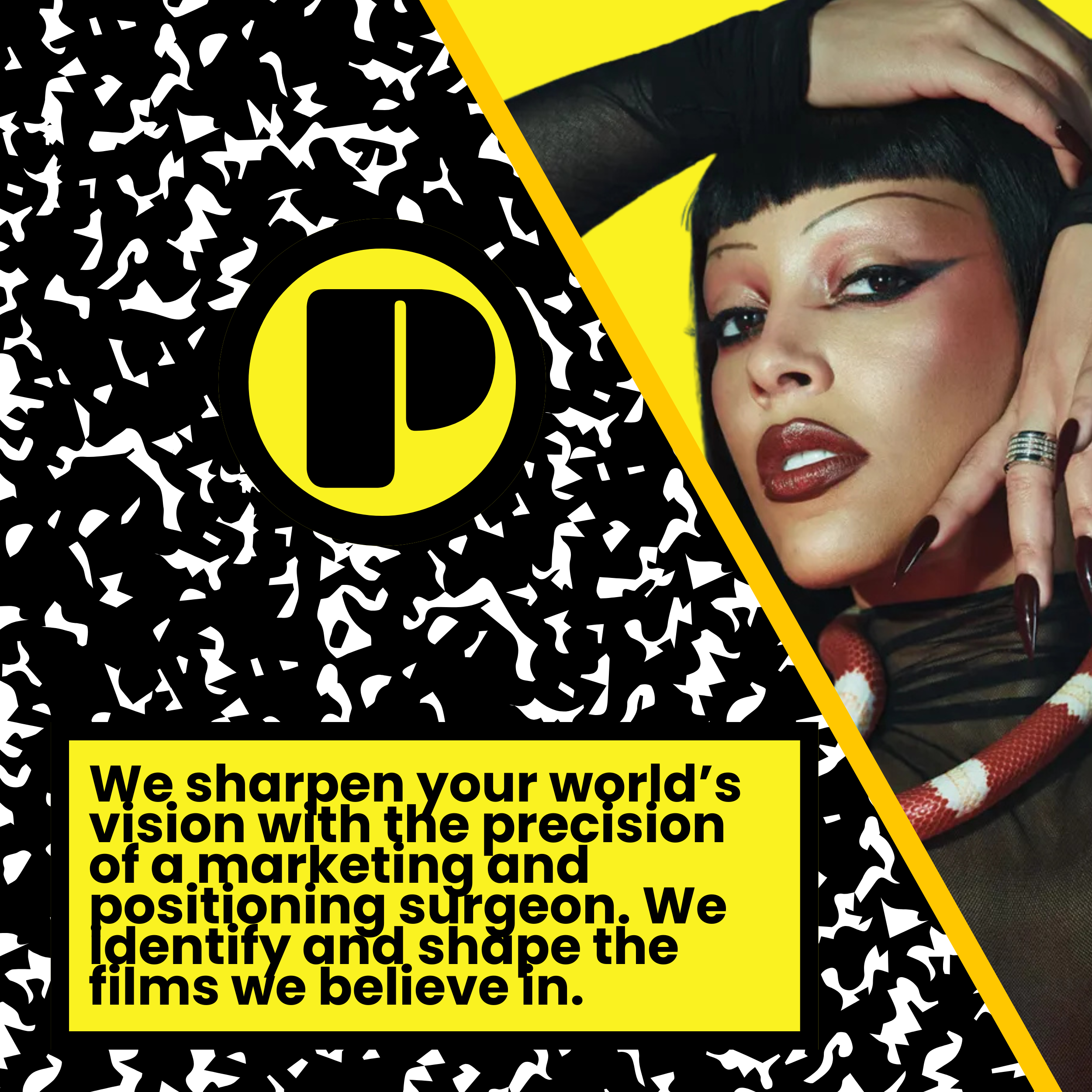 A promotional graphic featuring a woman with bold makeup, dark short hair with bangs, and long pointed nails. The left side has a black and white abstract pattern with a yellow circle containing a stylized black 'D'. The bottom contains yellow text i