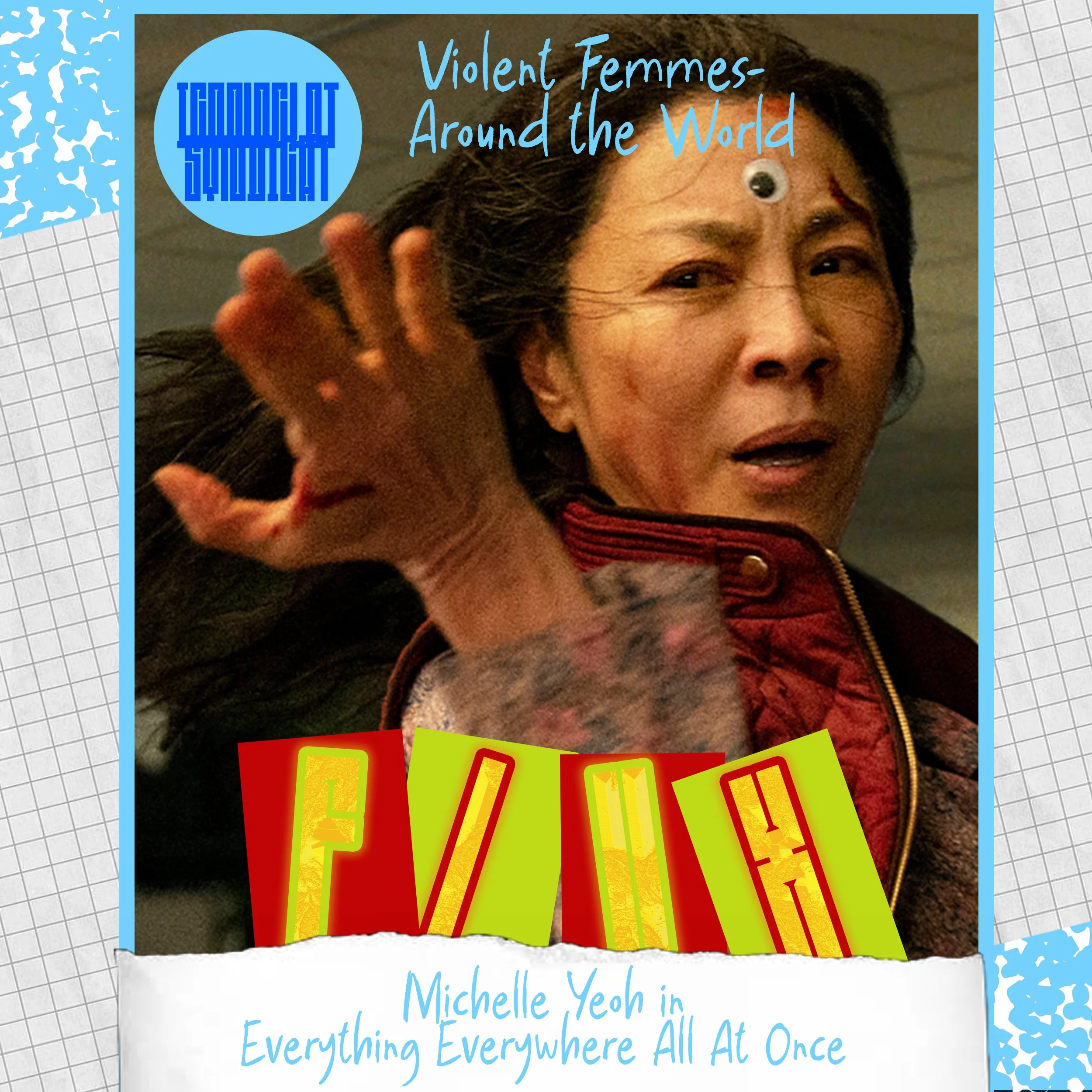 A woman with an intense expression and a small googly eye on her face, raising her hand as if in a defensive gesture.