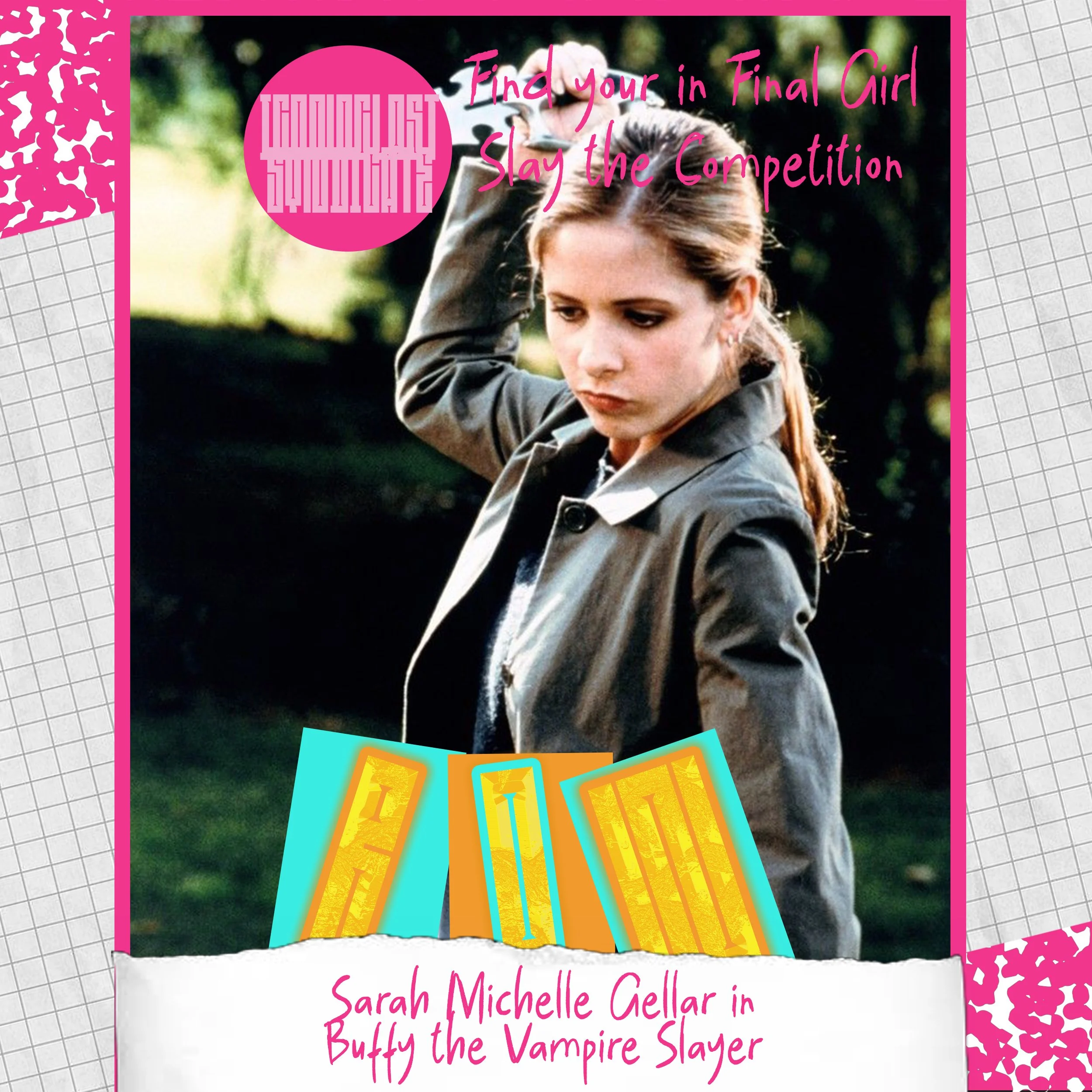 A young woman with long, reddish hair and a serious expression, wearing a gray jacket, outdoors in a park or nature setting, with green foliage in the background, depicted on a colorful book cover related to vampire slayer stories.