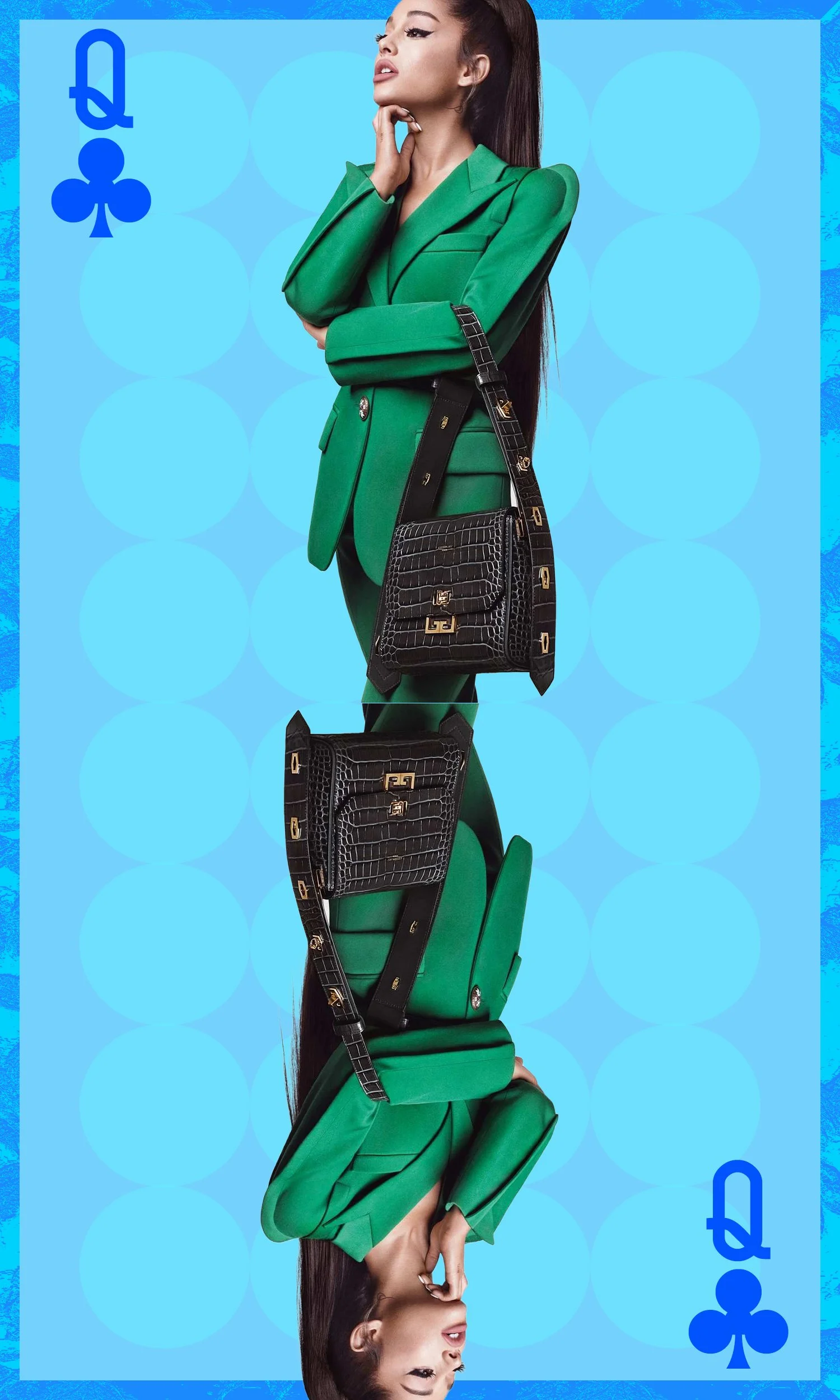 A digitally manipulated image of Ariana Grande in a green suit and black handbag, with her reflection appearing upside down beneath her, on a blue background with a club card suit symbol.