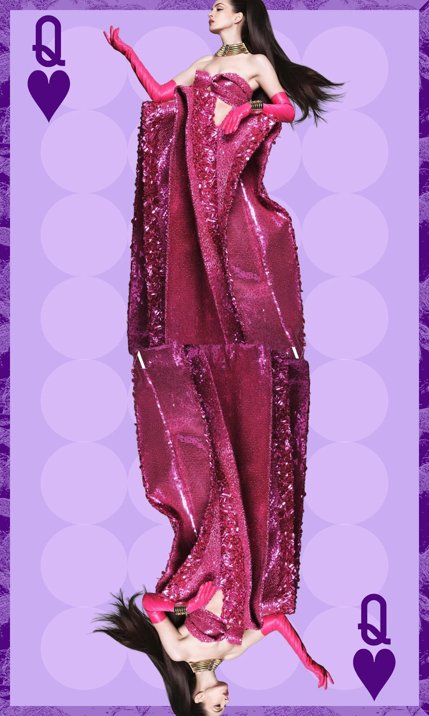 A stylized Queen of Hearts playing card featuring Anne Hathaway in a shiny pink dress with gloves and jewelry, with her image mirrored upside down.