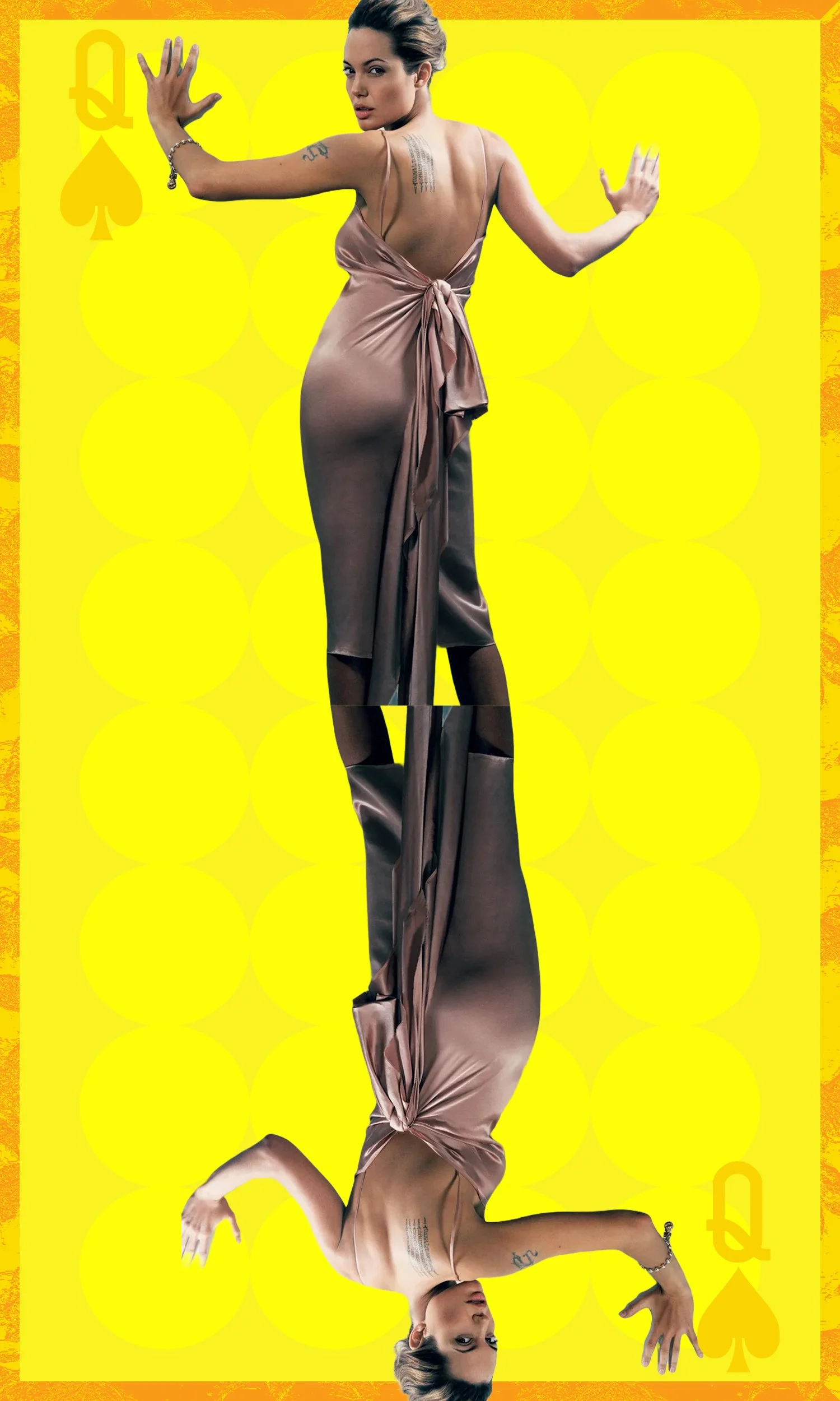 Angelina Jolie in a satin slip dress with tattoos, in a mirrored image with a yellow background and spade symbols, and a Q on each side.
