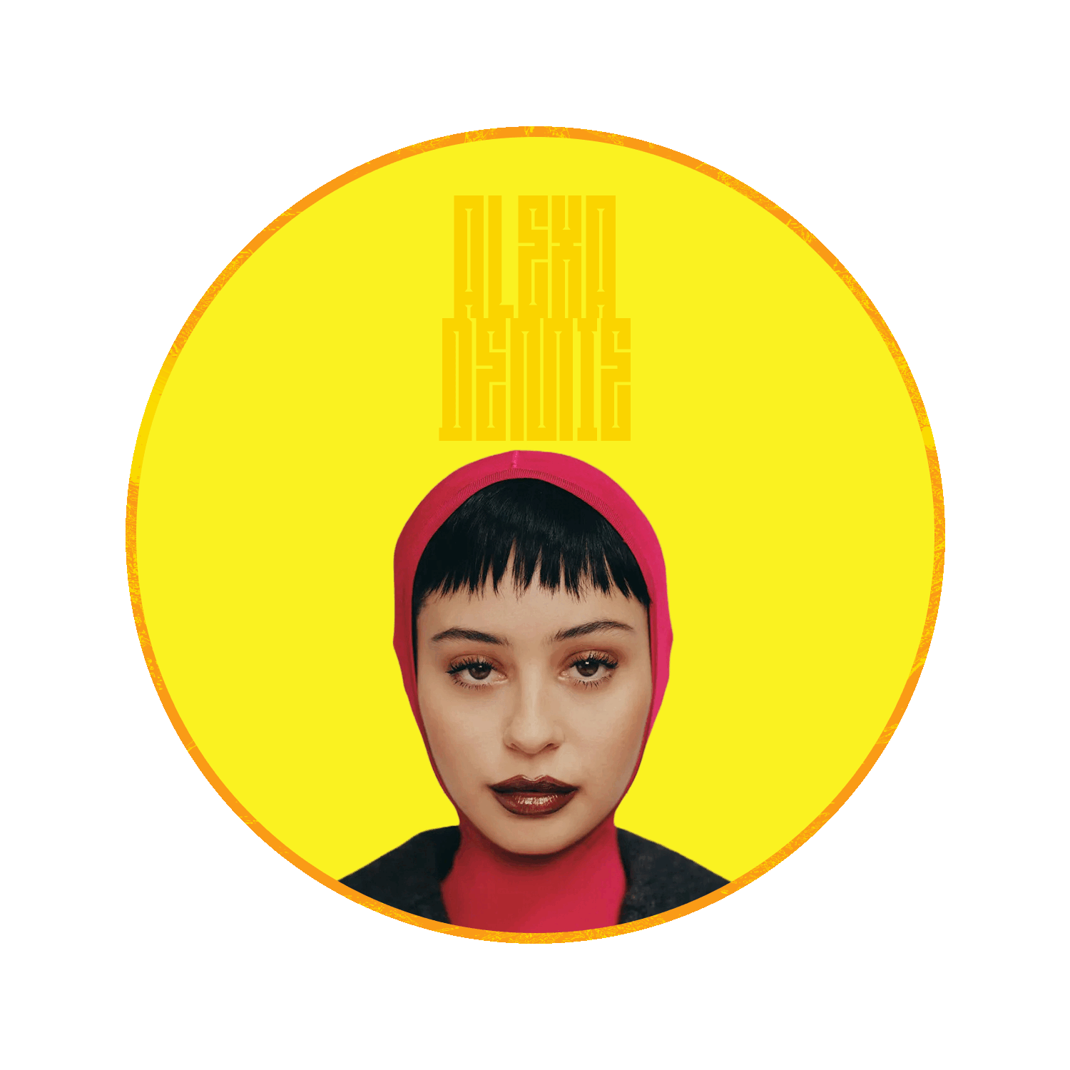 Portrait of Alexa Demie wearing a pink headscarf with a yellow background and stylized yellow text above her head.