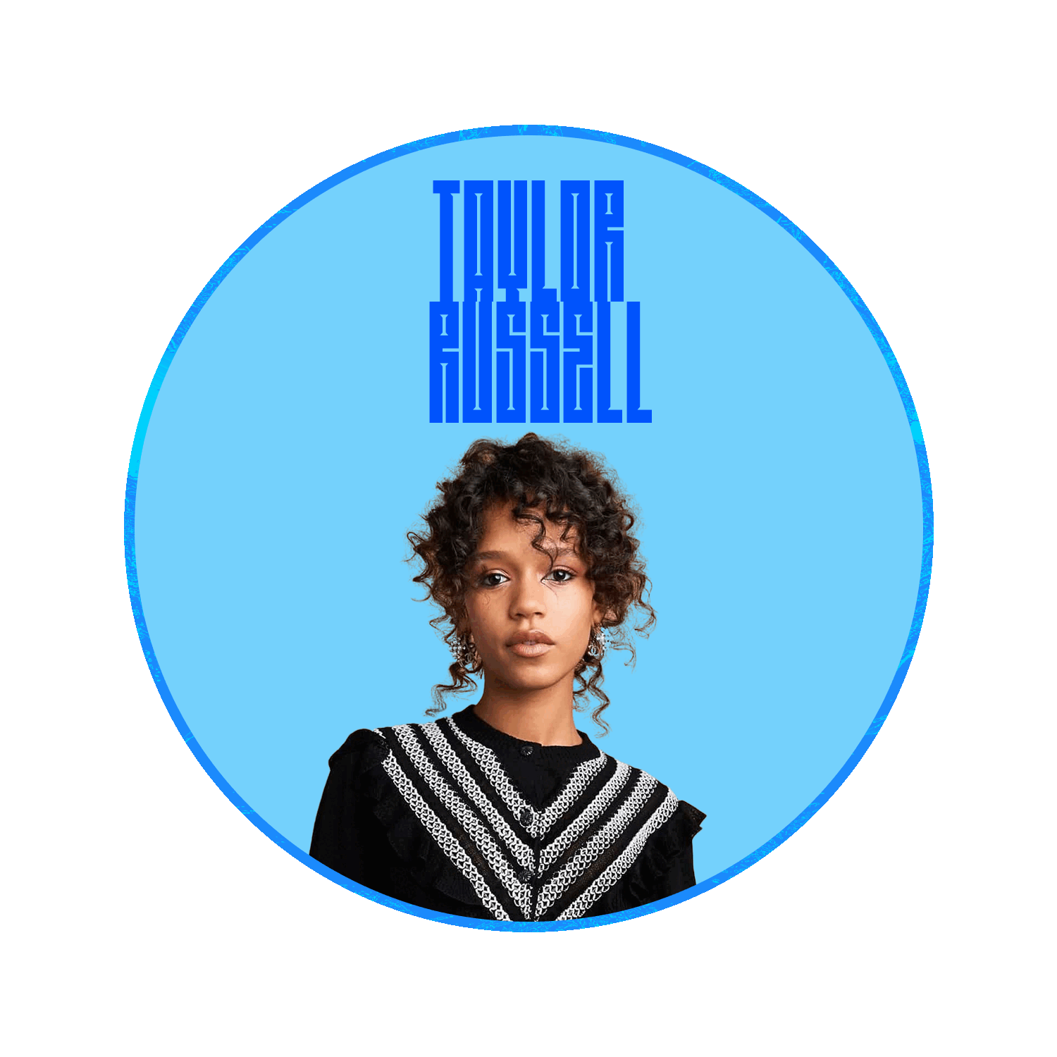 Portrait of Taylor Russell with curly hair and earrings, wearing a black and white patterned top, with a blue background. The text 'Hulu's Huel' appears above her head in blue stylized letters.