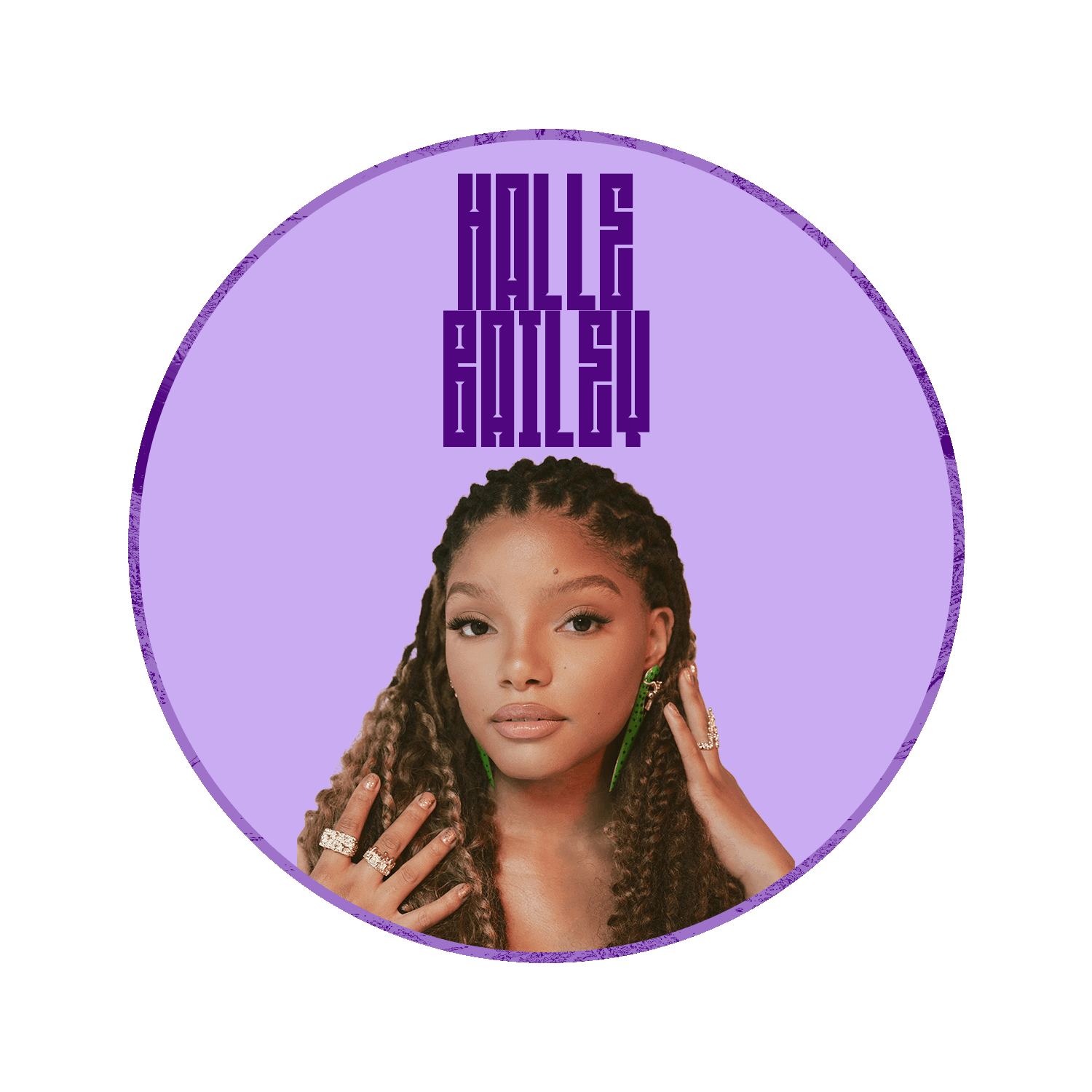 Halle Bailey, with long braided hair and jewelry, poses with her hands near her face against a purple background, the text reading 'Chic'.