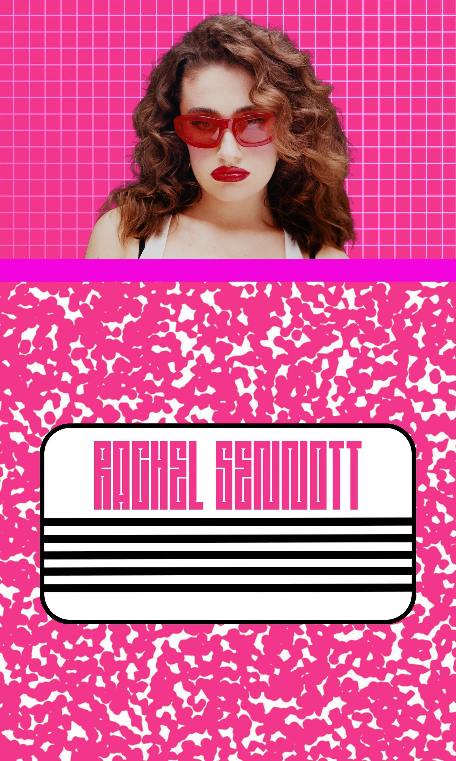 A woman with curly hair wearing red sunglasses and red lipstick, standing in front of a pink background with a grid pattern. Below her is a pink and white patterned background with a white label that says "Rachel Sednot" in pink text.