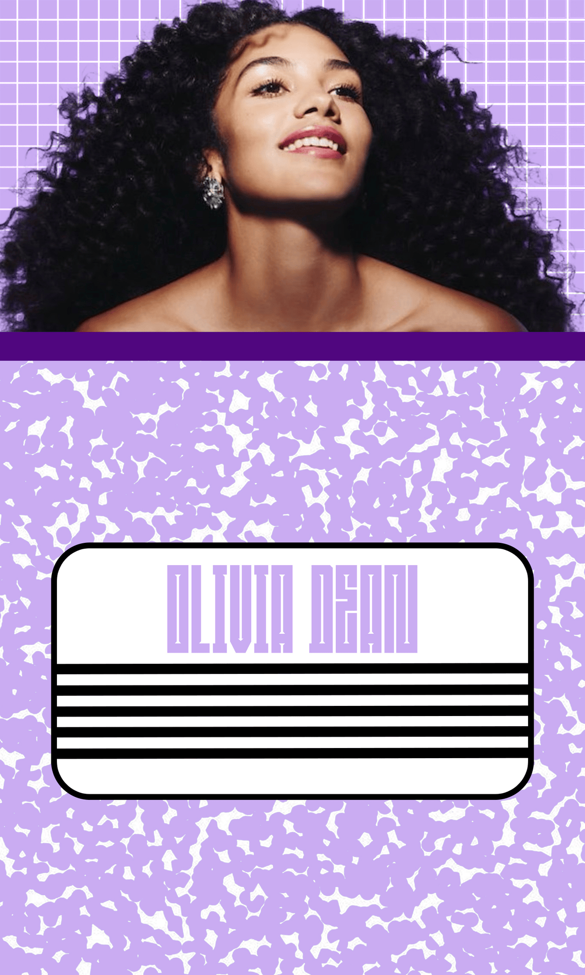 A woman with curly black hair, wearing earrings, posing in front of a purple grid background, with a purple and white patterned design and a sign that reads 'ILUVIQ DEAN'.