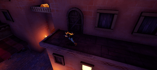A person falling from a rooftop at night in a city with brick buildings and lit windows.