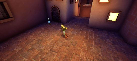 A cartoon character running in a narrow alleyway at night with buildings on both sides, illuminated by window lights.