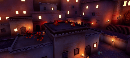 Nighttime scene of a castle or fortress with lit windows and fire trucks on the rooftop.