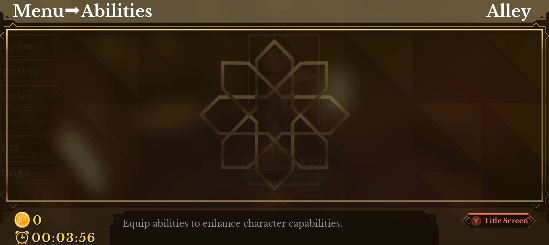 A screenshot of a video game menu titled 'Abilities,' showing a geometric design in the center and a timer at the bottom.
