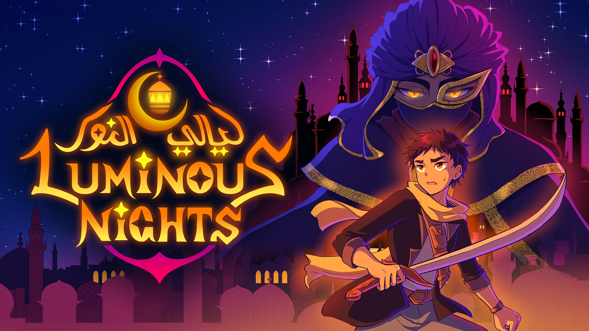 Animated scene from a game titled "Luminous Nights" featuring a young male character with short brown hair holding a sword and looking worried, standing in front of a large mysterious figure wearing a mask and a flowing cape, with a backdrop of a starry night sky and a silhouette of a Middle Eastern style city with domed roofs and minarets.