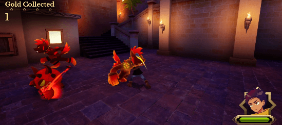 A gif showing a Faris from Luminous Nights battling evil jinn called Afreets, fiery creature in a castle-like environment with stone walls and glowing lanterns. The interface shows the player has collected gold and has one unit of health remaining.