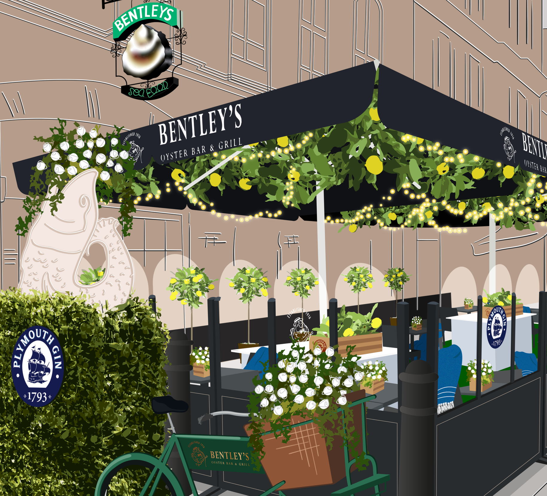 Plymouth Gin and Bentleys event scamp illustration