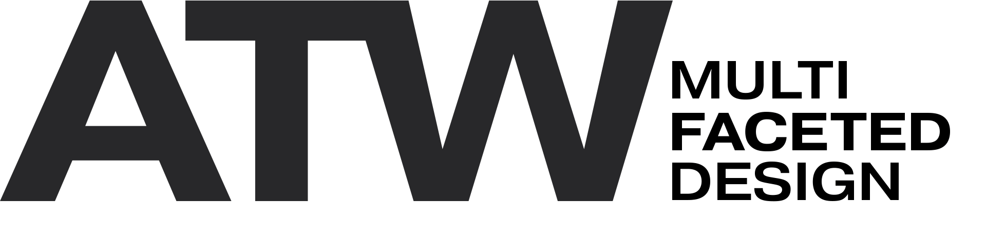 Text that reads "ATW MULTI FACETED DESIGN" with "ATW" in large black letters and the rest in smaller black letters on a white background.