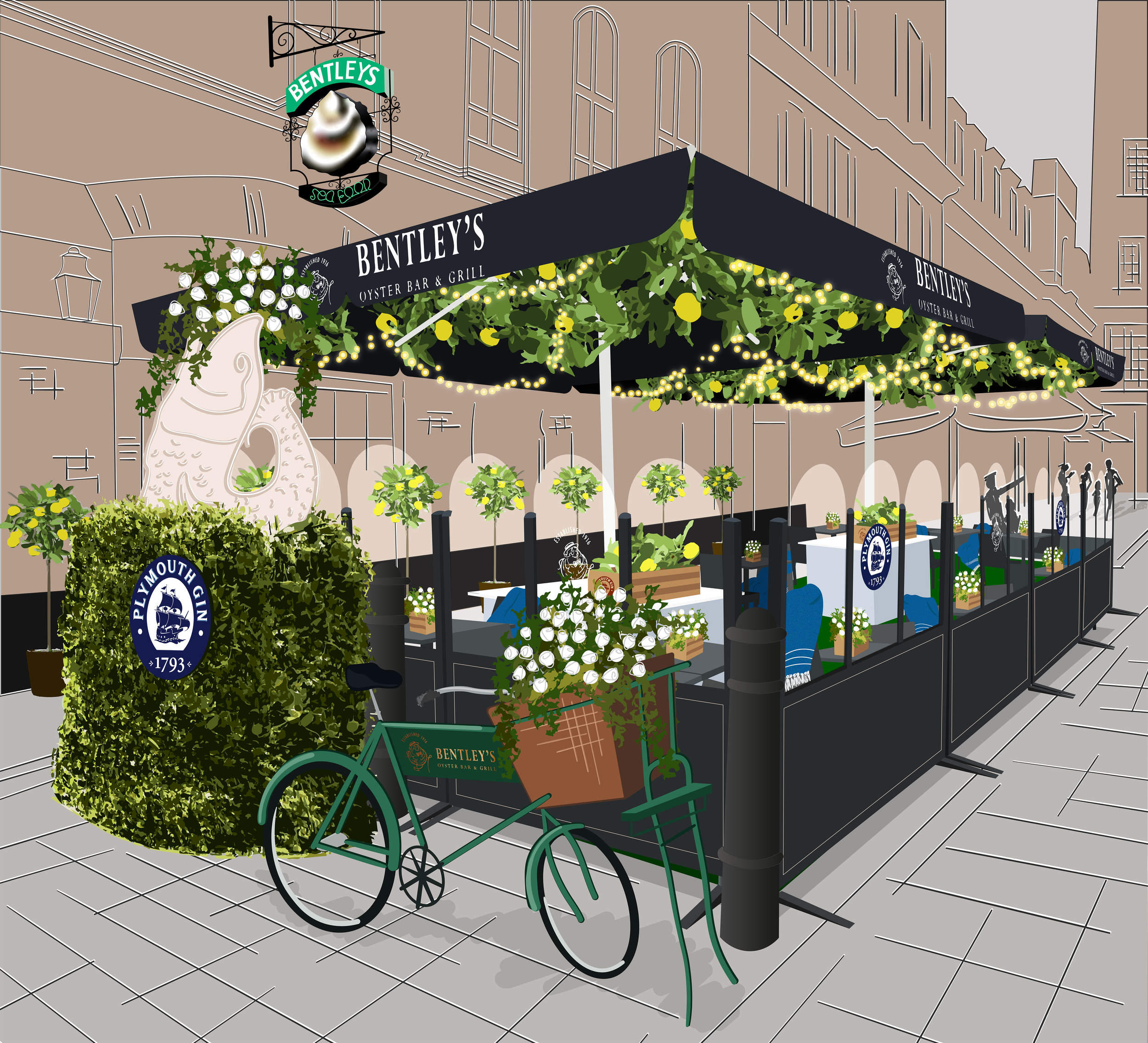 Plymouth Gin and Bentleys event scamp illustration