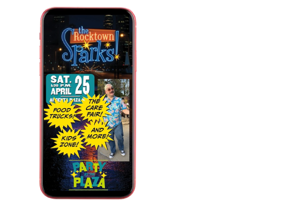 Poster on a smartphone screen promoting the Rocktown Sparks event at Party Plaza on Saturday, April 25 at 6:30 p.m. featuring food trucks, kids zone, a care fair, and more.