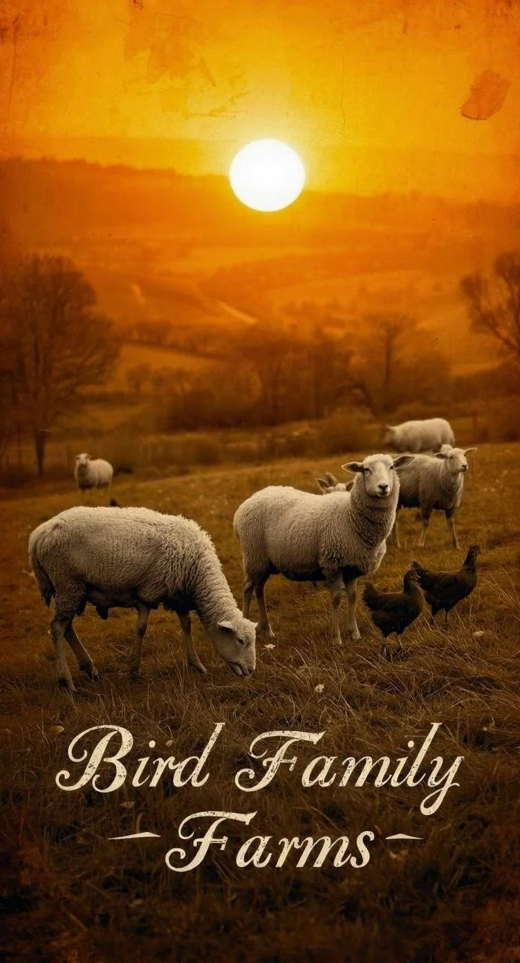 A scenic farm landscape at sunset with sheep and chickens in the foreground and rolling hills in the background. The text overlay reads 'Bird Family Farms'.