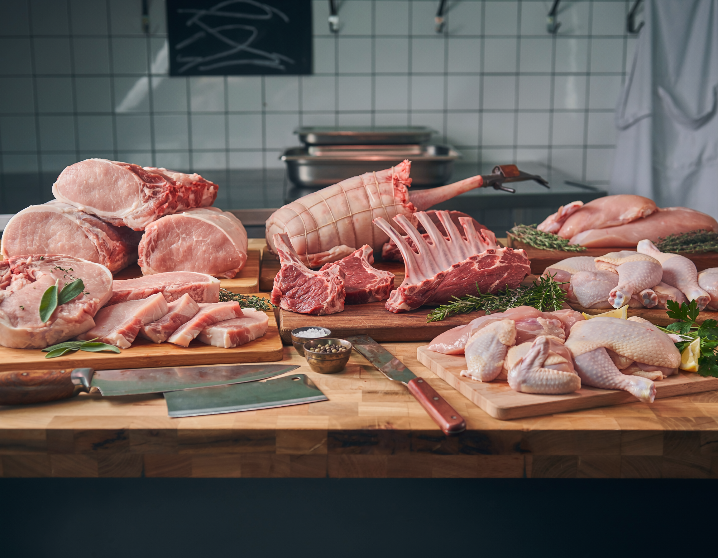 Firefly_fresh butchered pork, lamb, and chicken all cuts on a table 147004.png