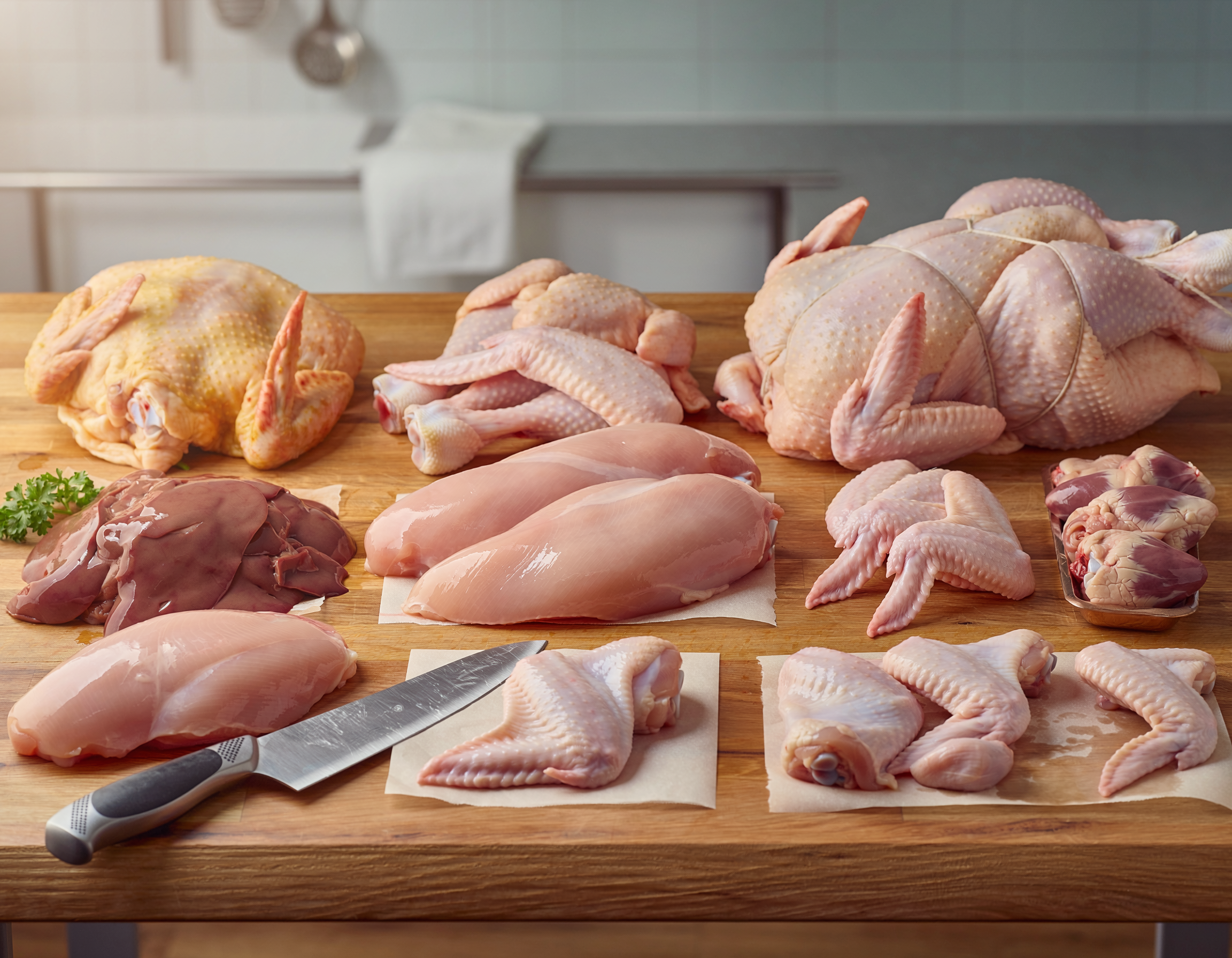 Firefly_fresh butchered chicken all cuts on a table 147004.png